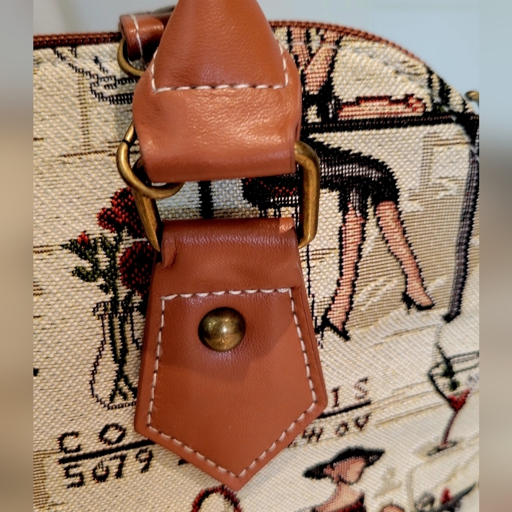 Signore Paris Bistro Print Satchel | Brown Cream Travel Style Purse - Picture 4 of 8